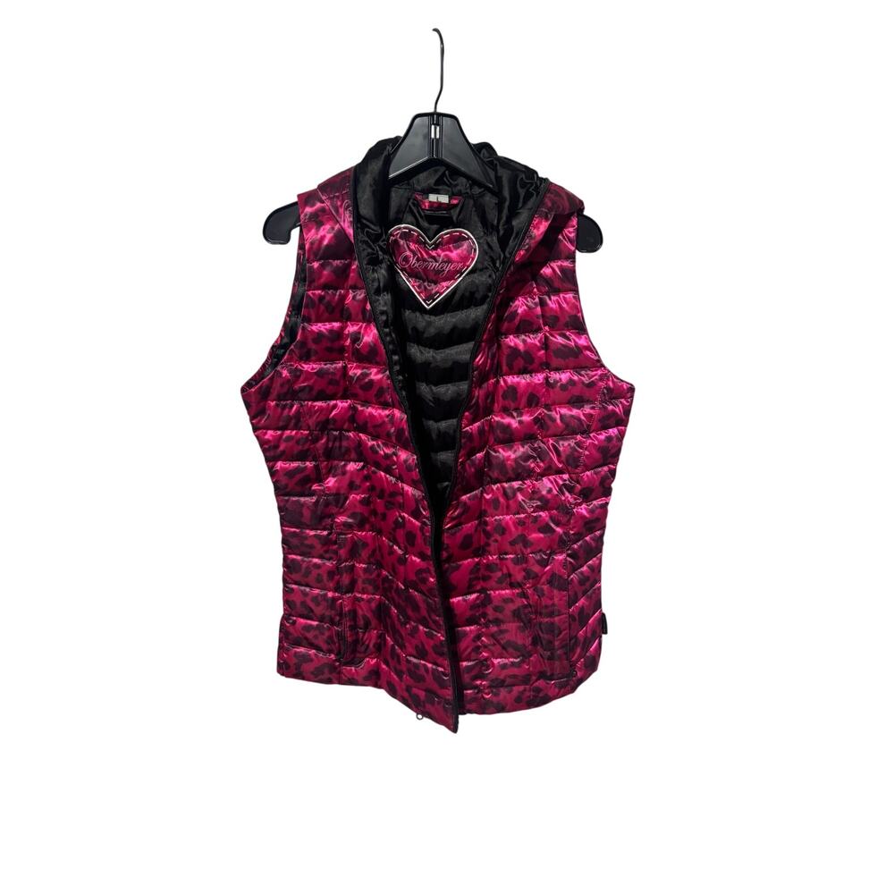 Obermeyer L down vintage raspberry black hooded animal print vest pockets euc